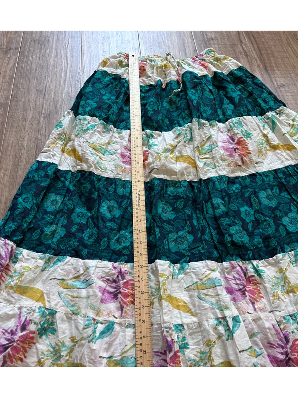 Bohemian Tiered Floral flower hippy Maxi Skirt - Teal & White summer flowy - Picture 5 of 9